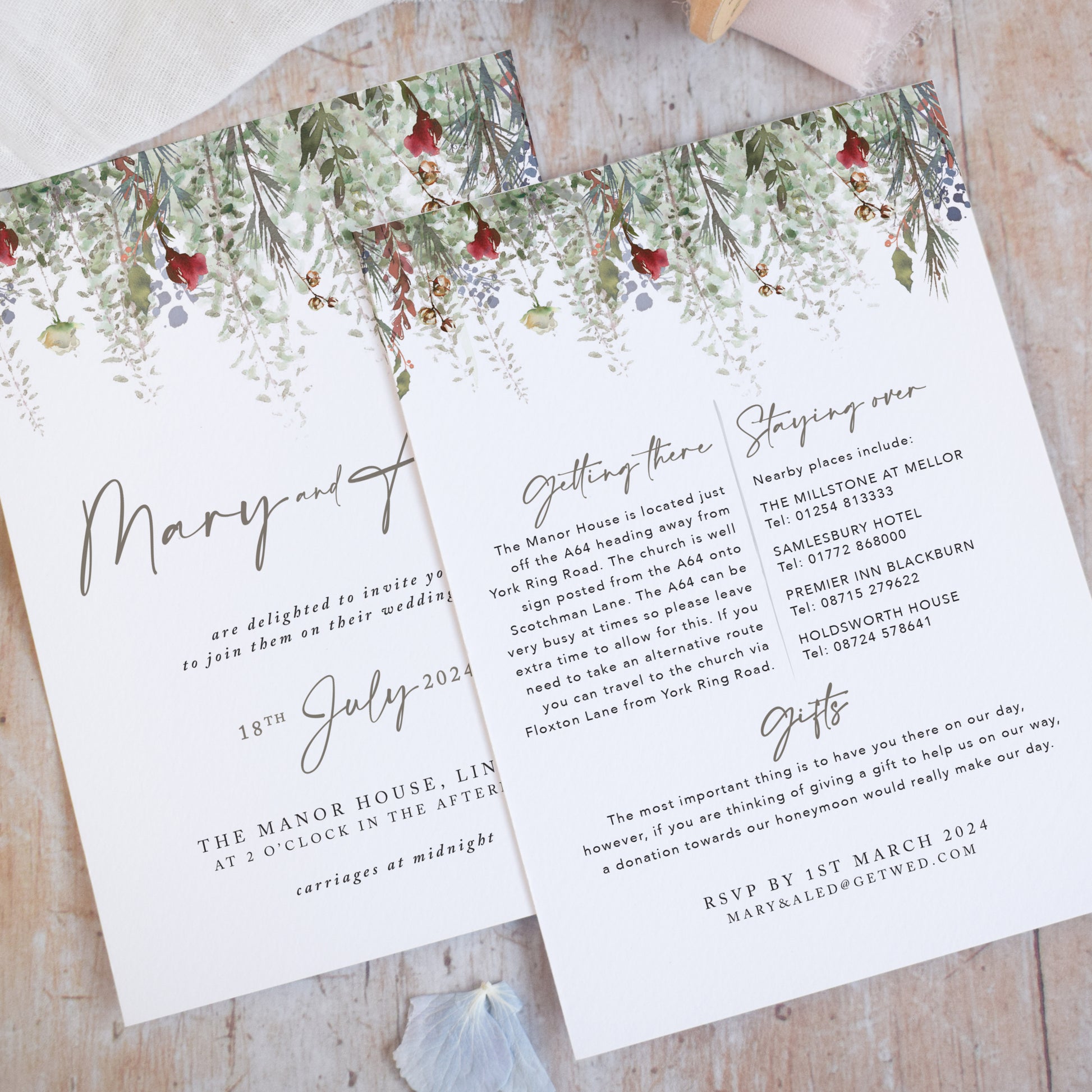 sage green and red wedding invitations for a Christmas wedding