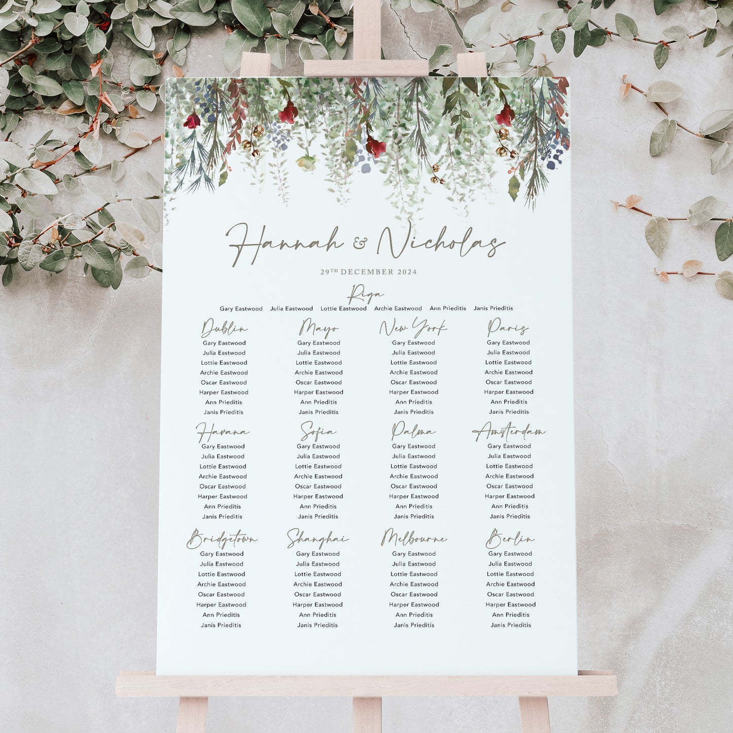 Table Plan for a Christmas wedding with green foliage and red flowers