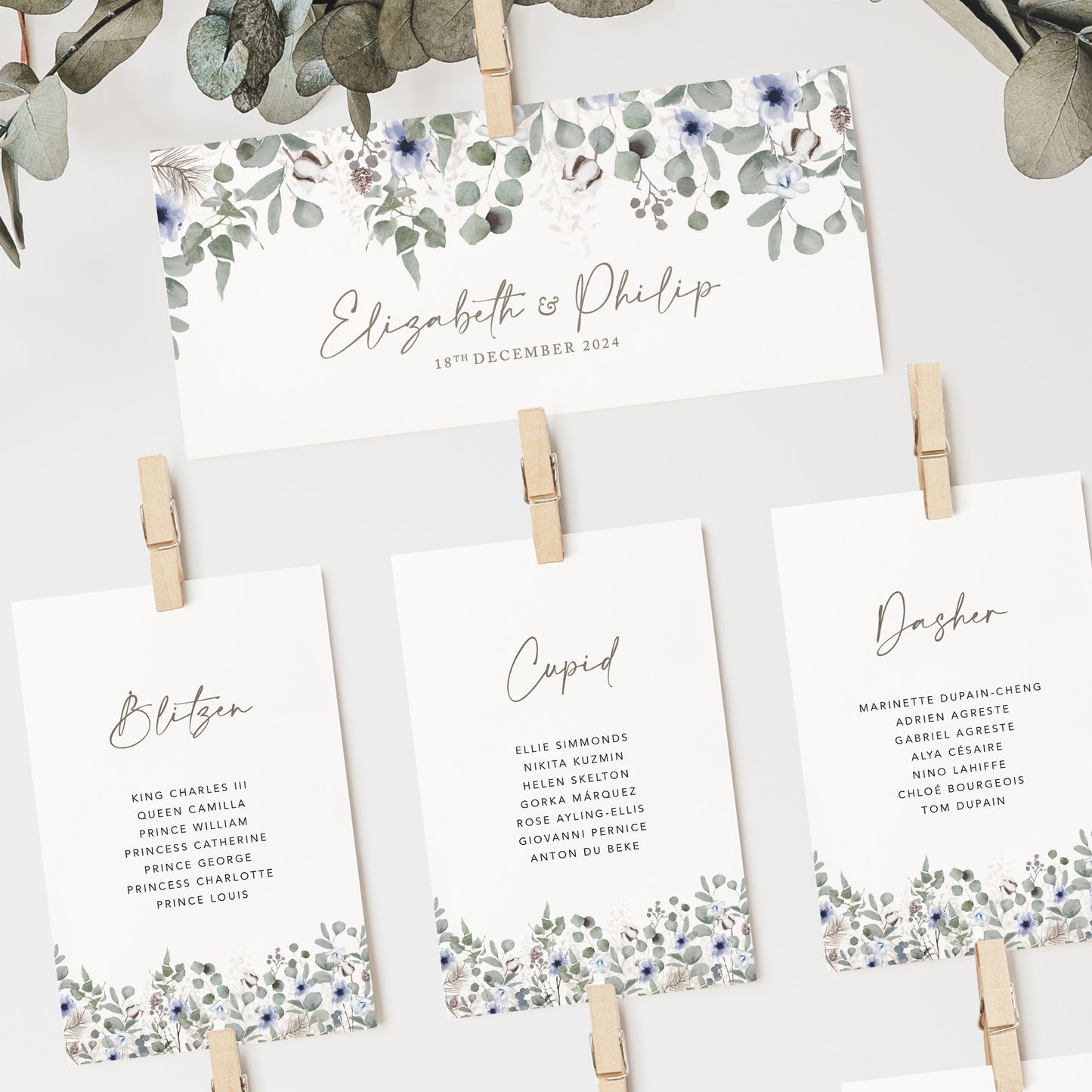 Winter Foliage Wedding Seating Plan Cards