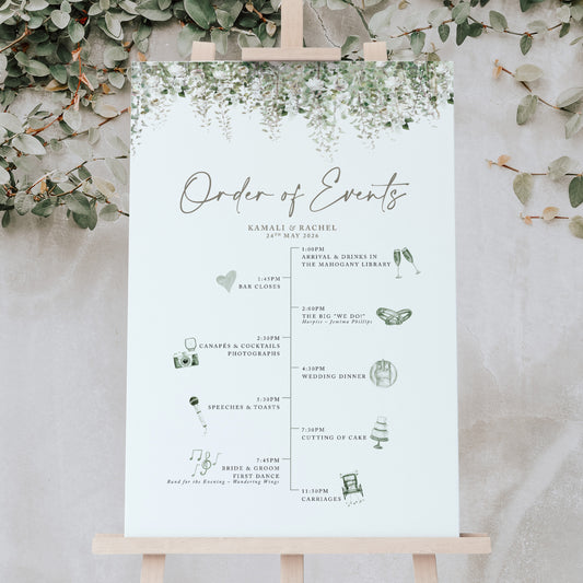 Illustrated timeline wedding order of the day sign