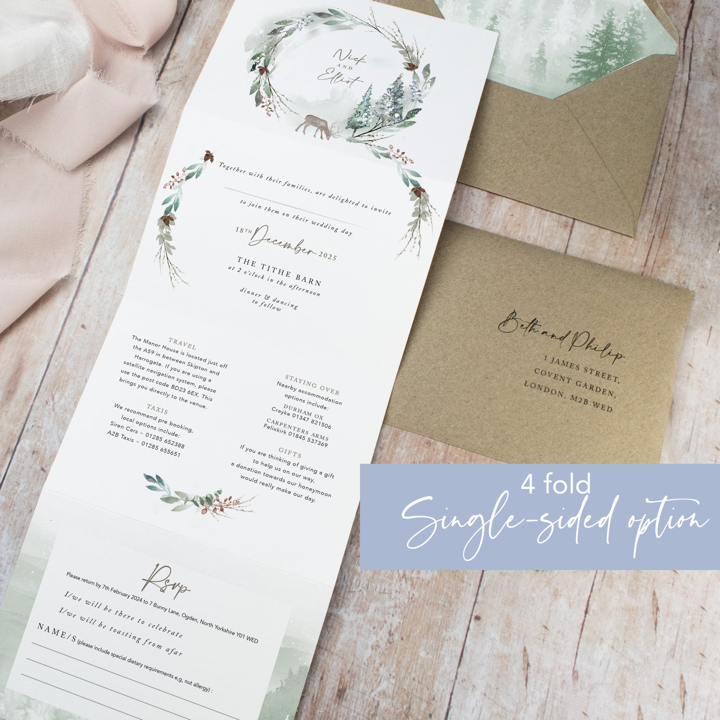 Winter Green 4 Fold Concertina Wedding Invitation