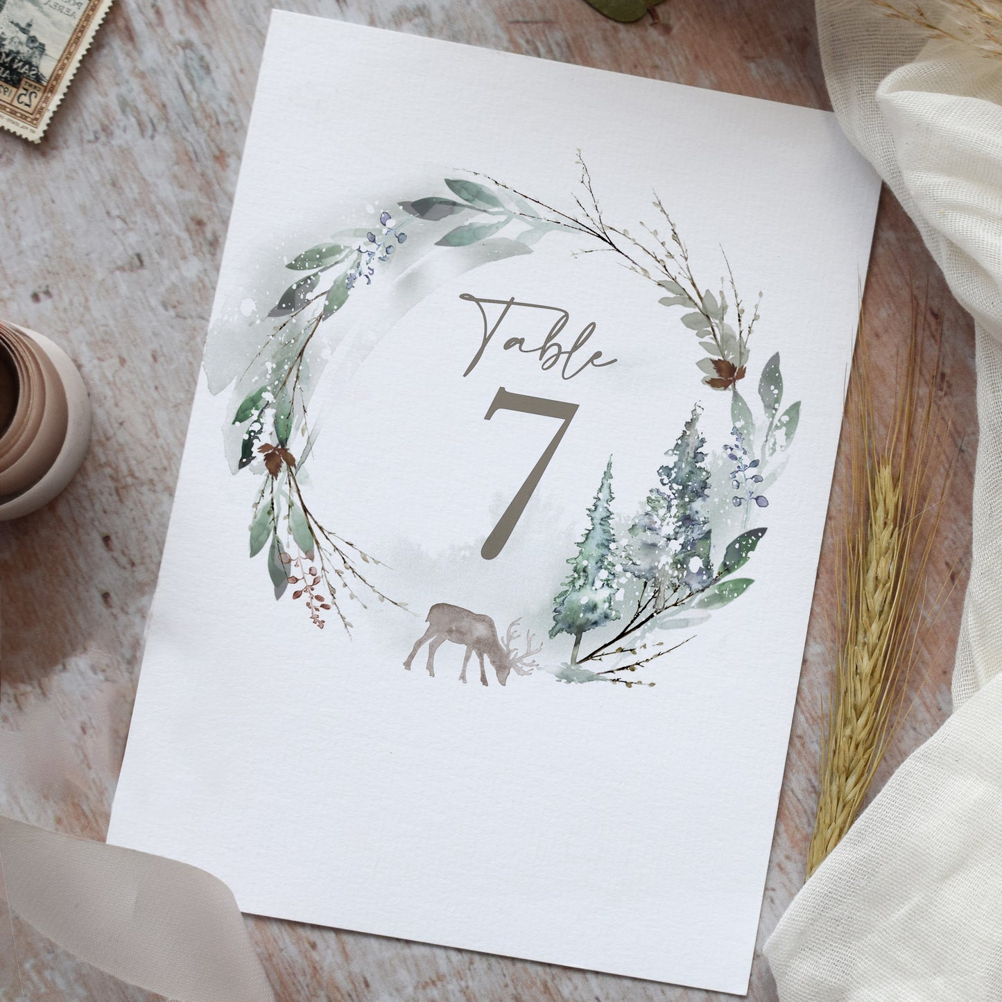Winter Green Wedding Table Number Cards