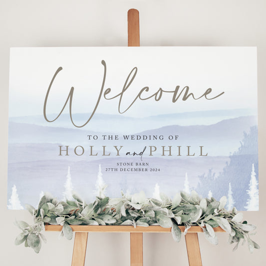 Dusky Blue wedding welcome sign for a winter wedding