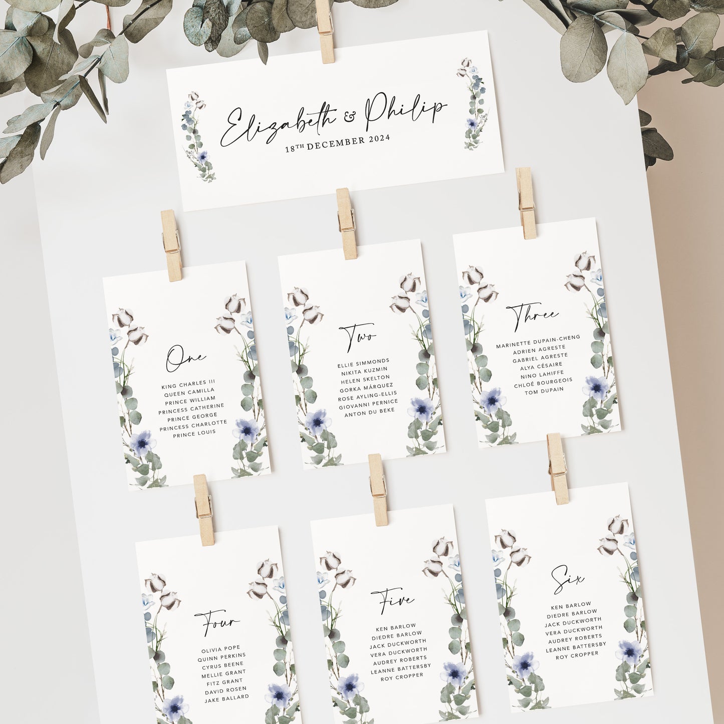 Winter Floral Wedding Seating Plan Cards