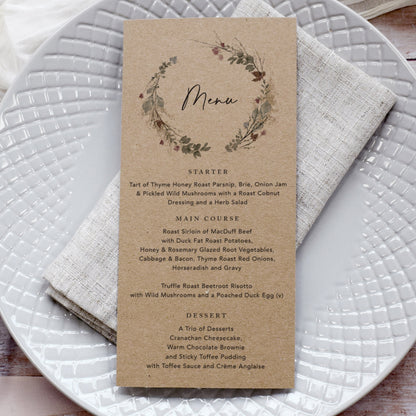 Autumn Wreath Kraft Wedding Menu Cards