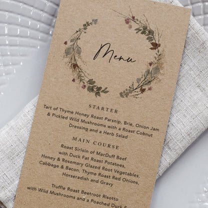 Autumn Wreath Kraft Wedding Menu Cards