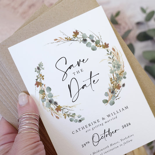 Autmn Willow Wreath Wedding Save the Date Cards