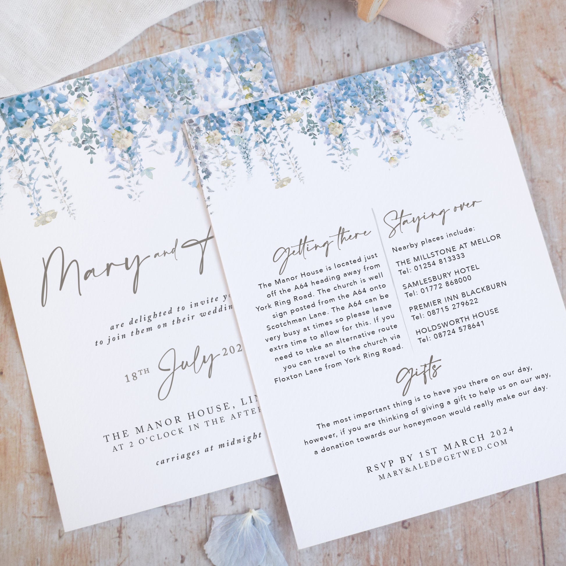 beach wedding invitations in dusky blue