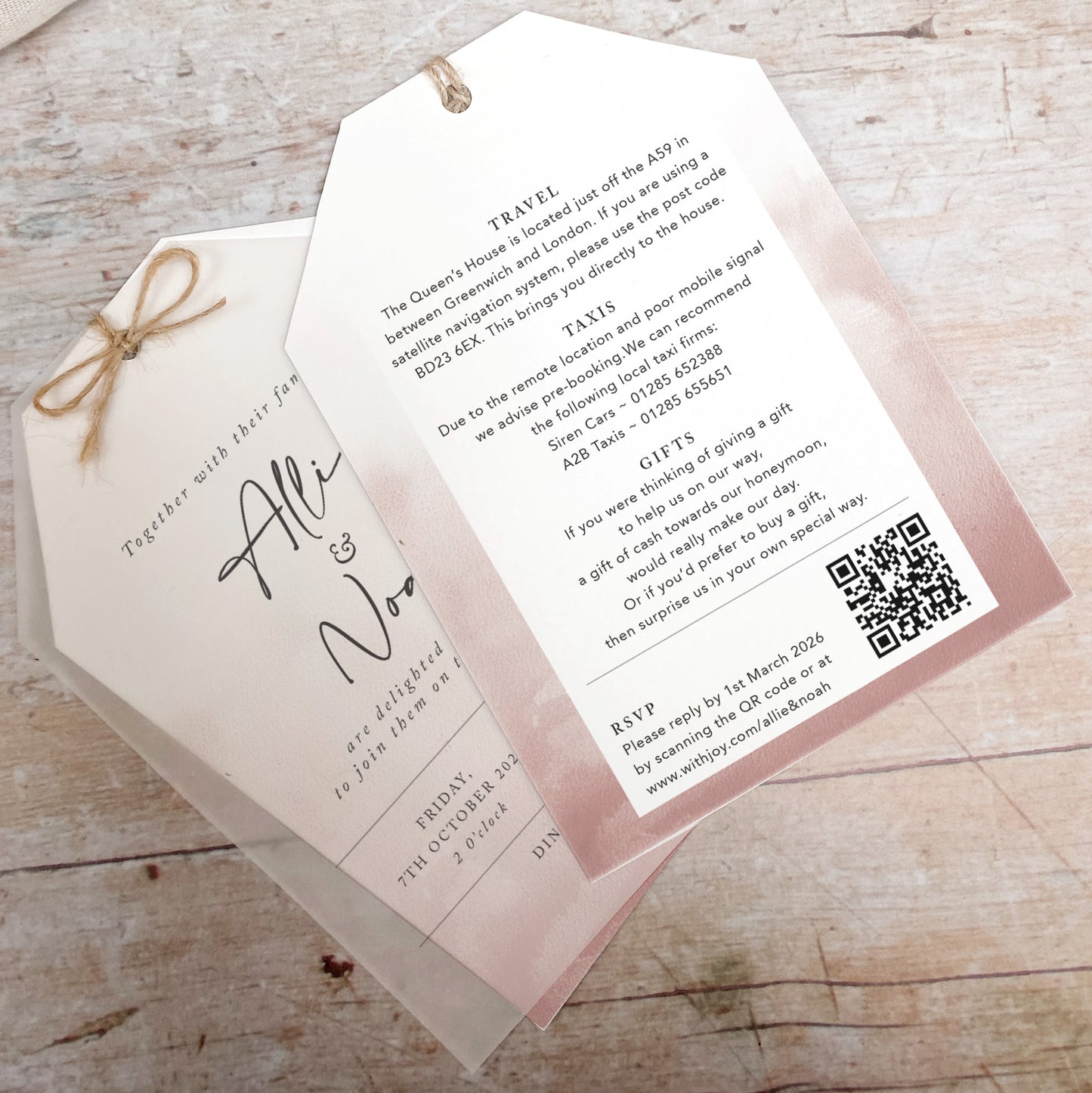 Dusky Pink Vellum Tag Wedding Invitation