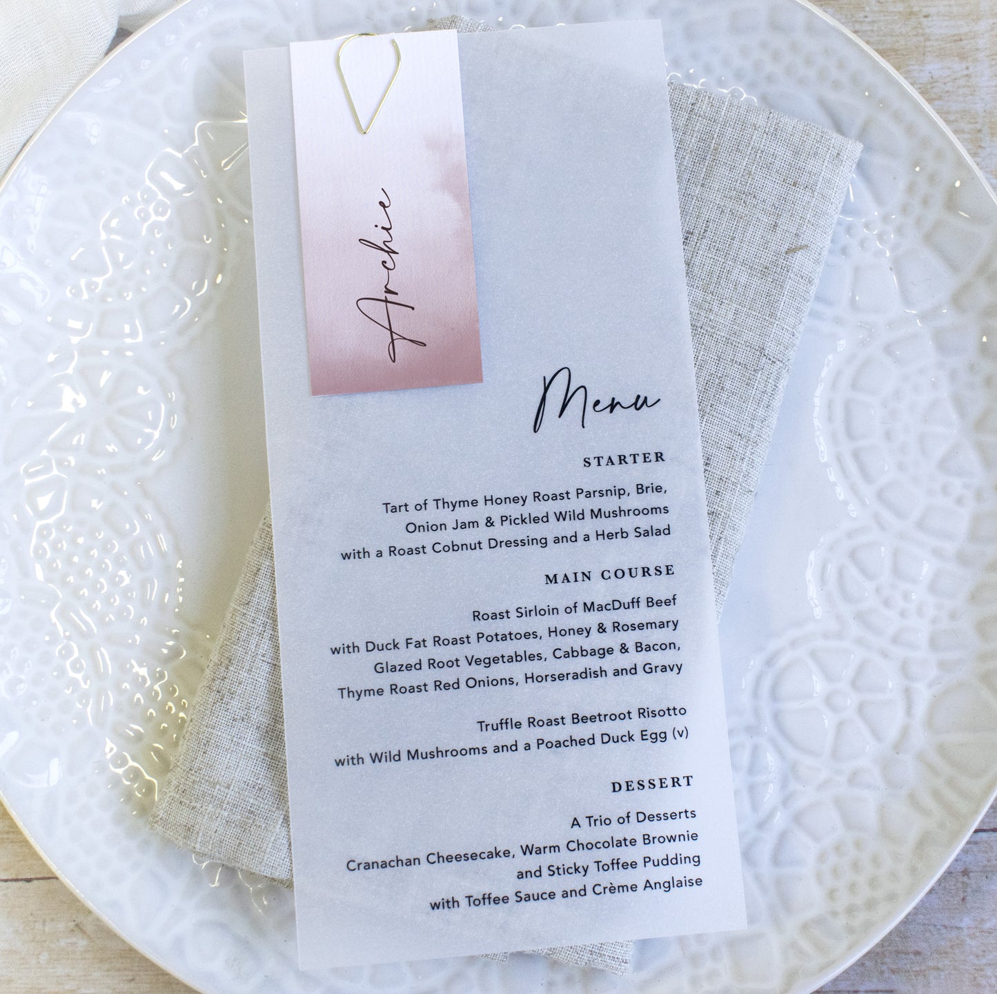 Dusky Pink Vellum Wedding Menu with Guest Name Tag