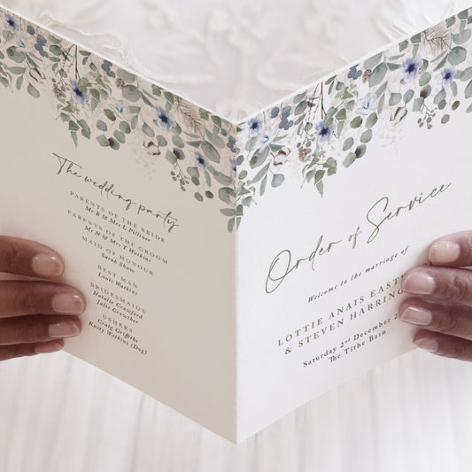 4 PAGE 'Winter Foliage' Wedding Order of Service Booklet