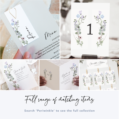 Periwinkle Floral Wedding Menu Cards