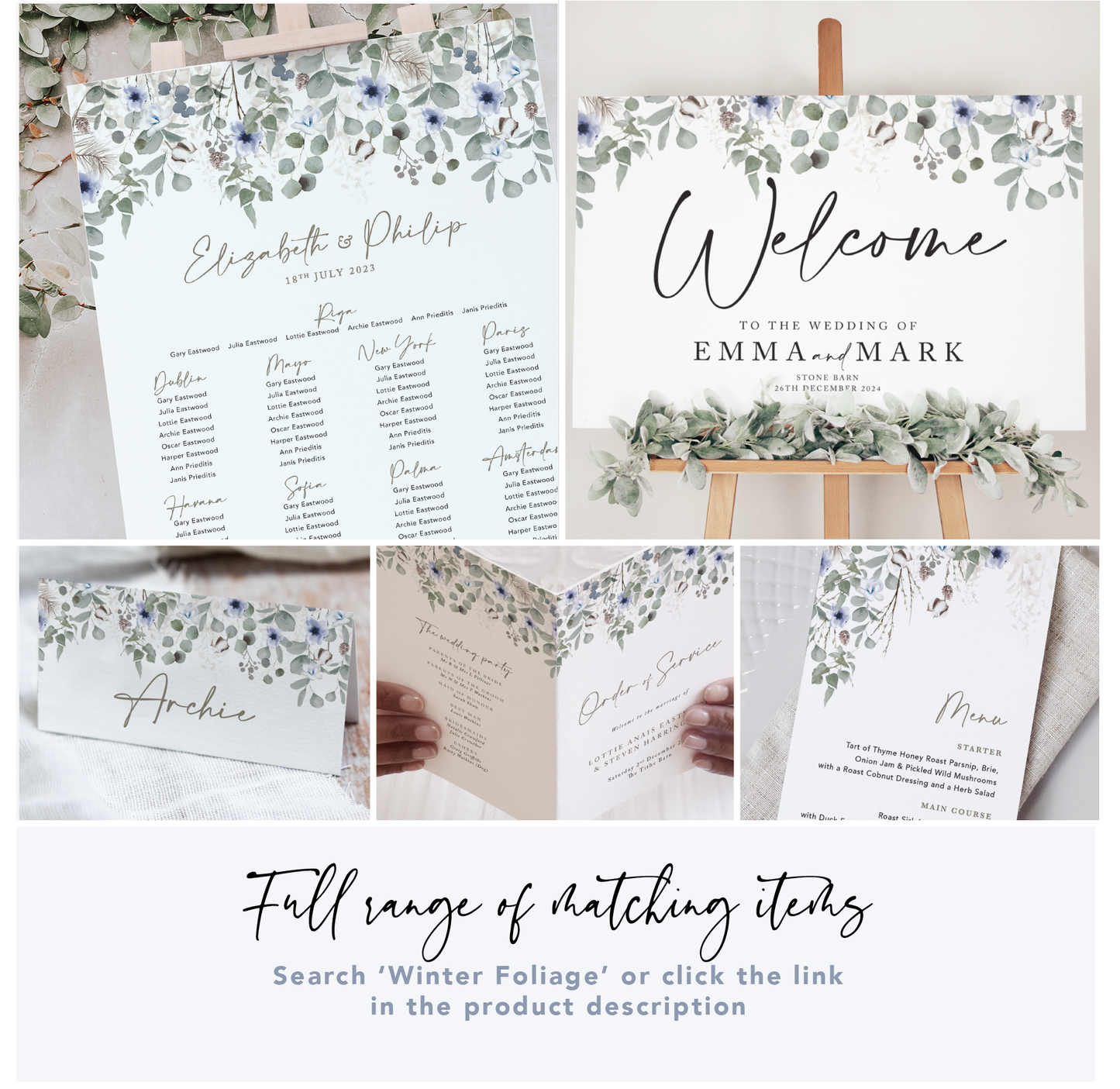 Winter Foliage Wedding Seating Plan Cards