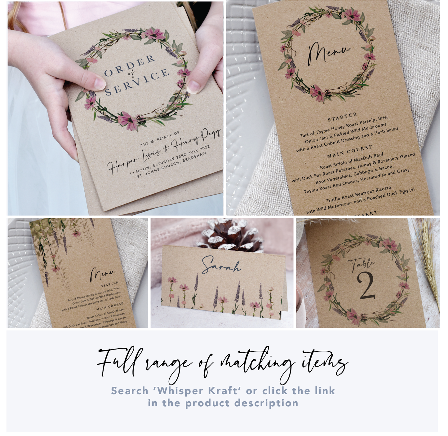 Whisper Wreath Kraft Wedding Menu Cards