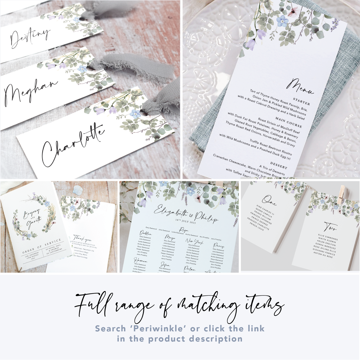 Periwinkle Foliage Wedding Seating Plan Cards