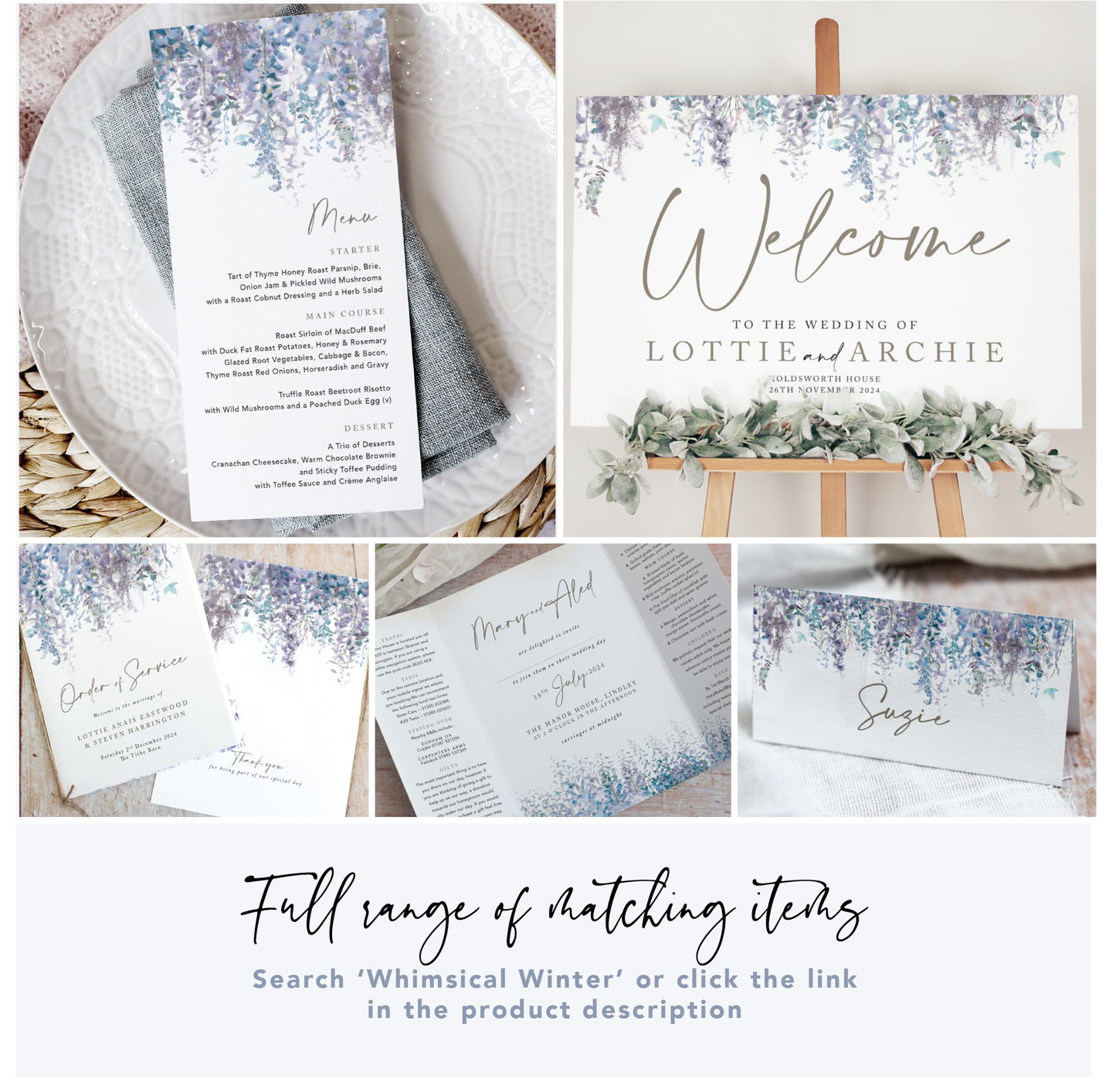 Whimsical Winter Wedding Menu Cards