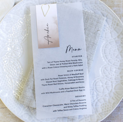 Mocha Vellum Wedding Menu with Guest Name Tag