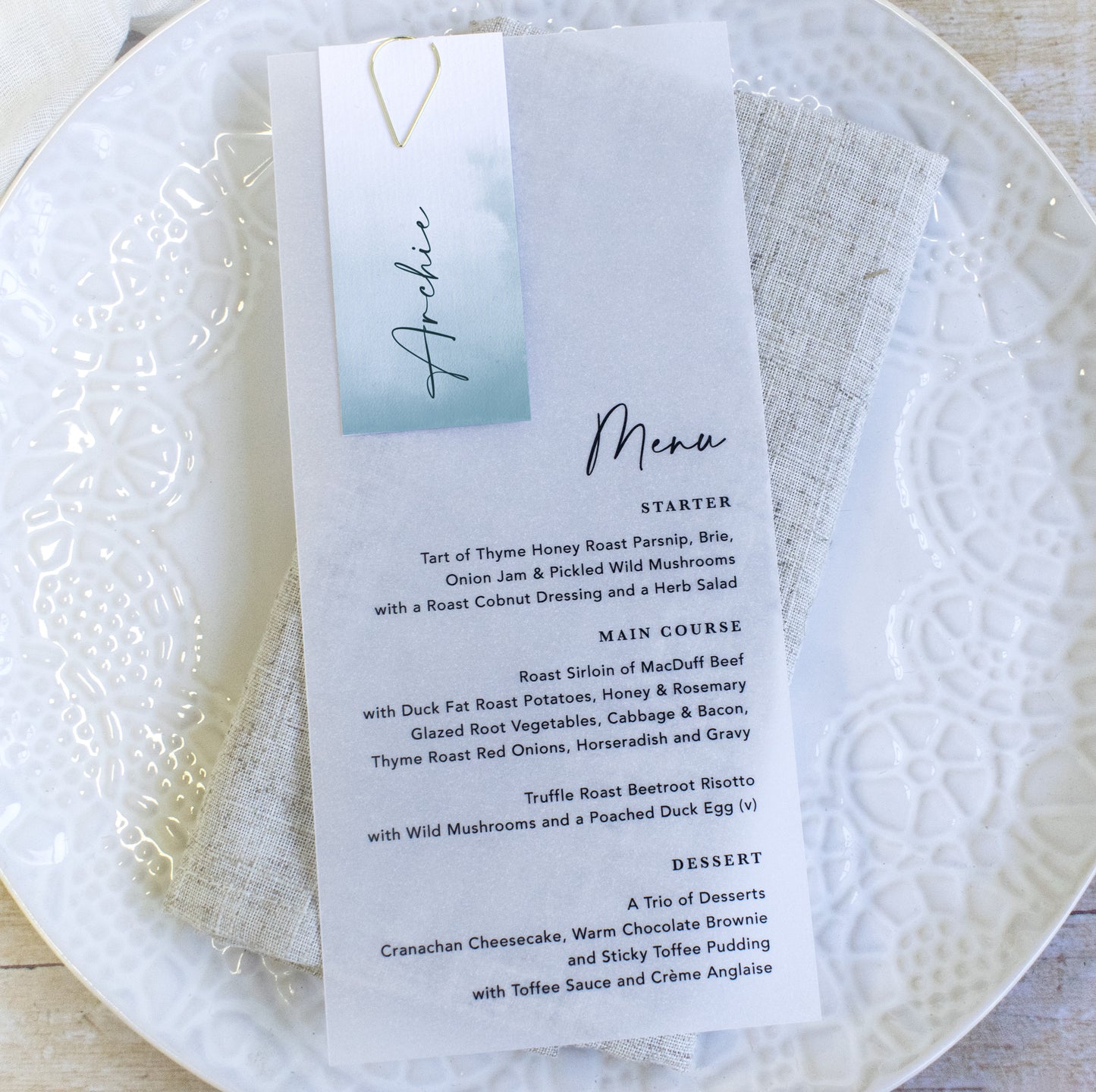 Ocean Blue Vellum Wedding Menu with Guest Name Tag