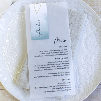 Ocean Blue Vellum Wedding Menu with Guest Name Tag