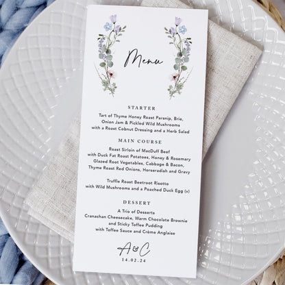 Periwinkle Floral Wedding Menu Cards