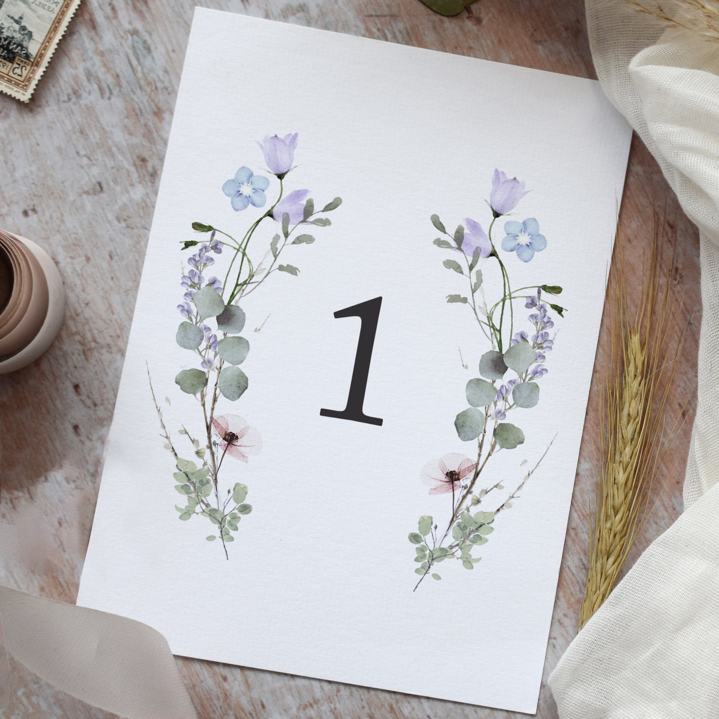 Periwinkle Floral Wedding Table Number Cards