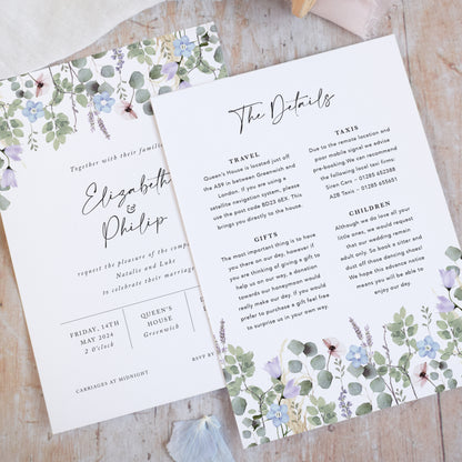 sage green, dusky blue and dusky pink wedding invitations