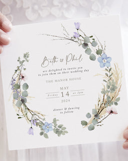 Periwinkle Wreath Square Wedding Invitation