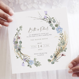 Periwinkle Wreath Square Wedding Invitation