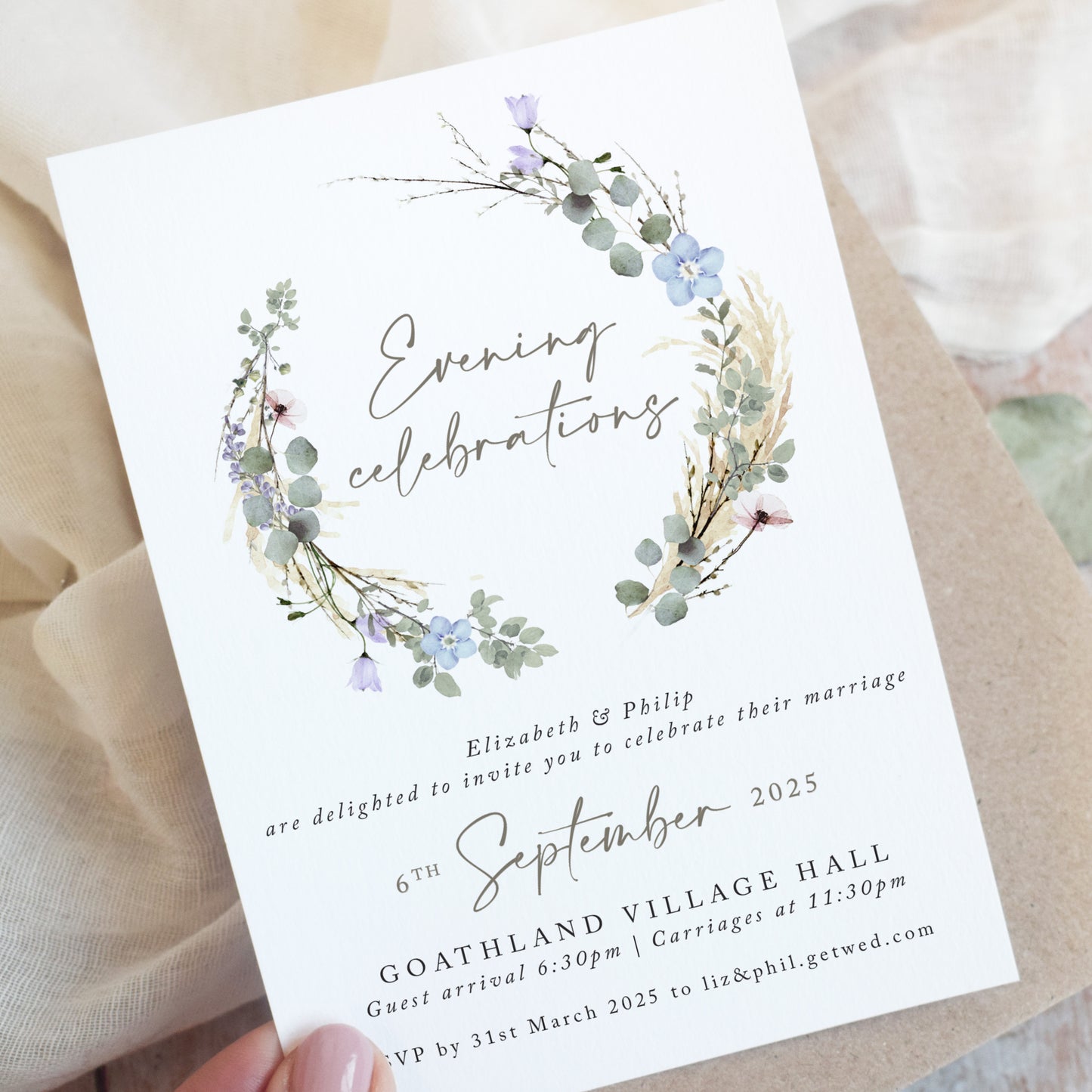 Periwinkle Wreath Evening Wedding Invitations