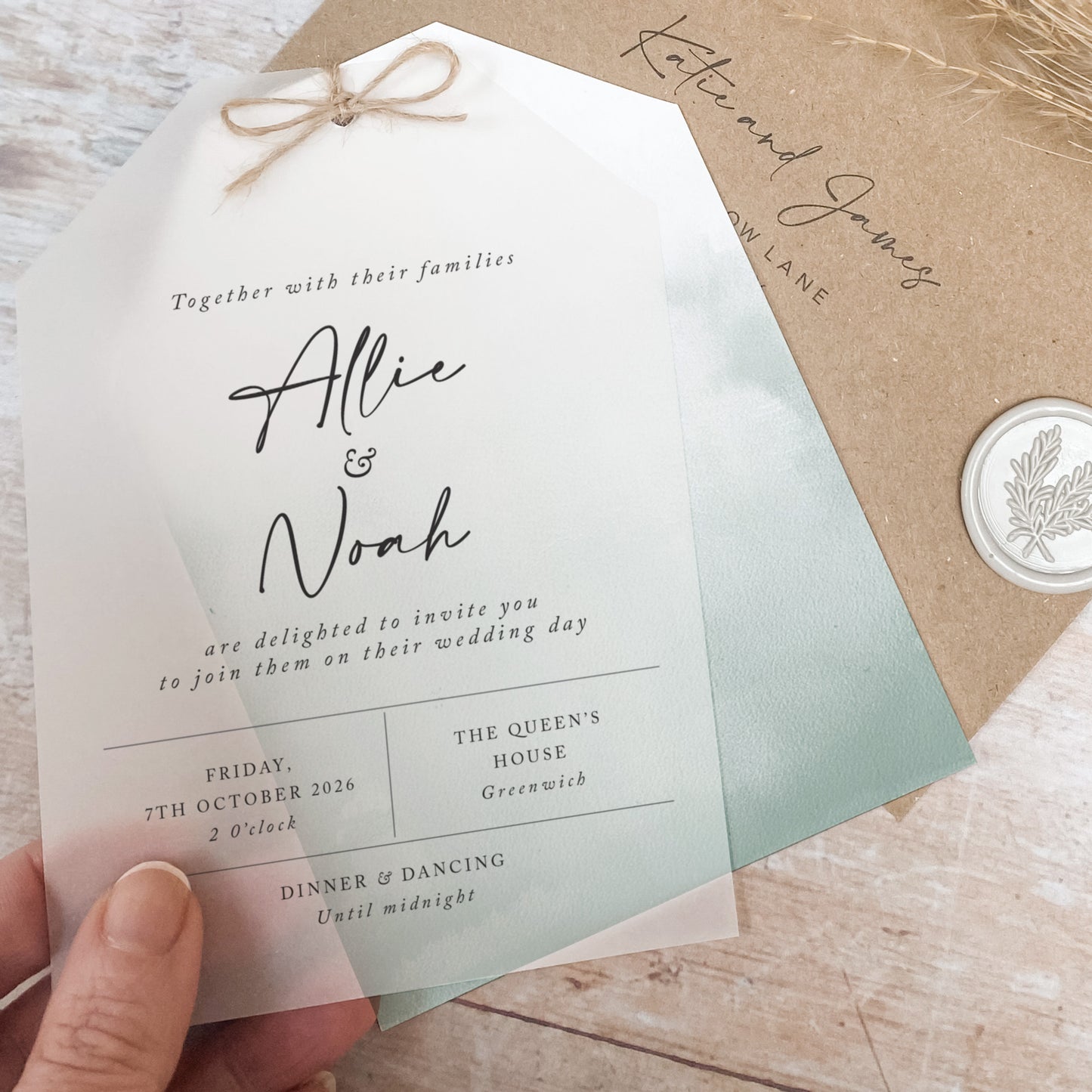 Sage Green Vellum Tag Wedding Invitation