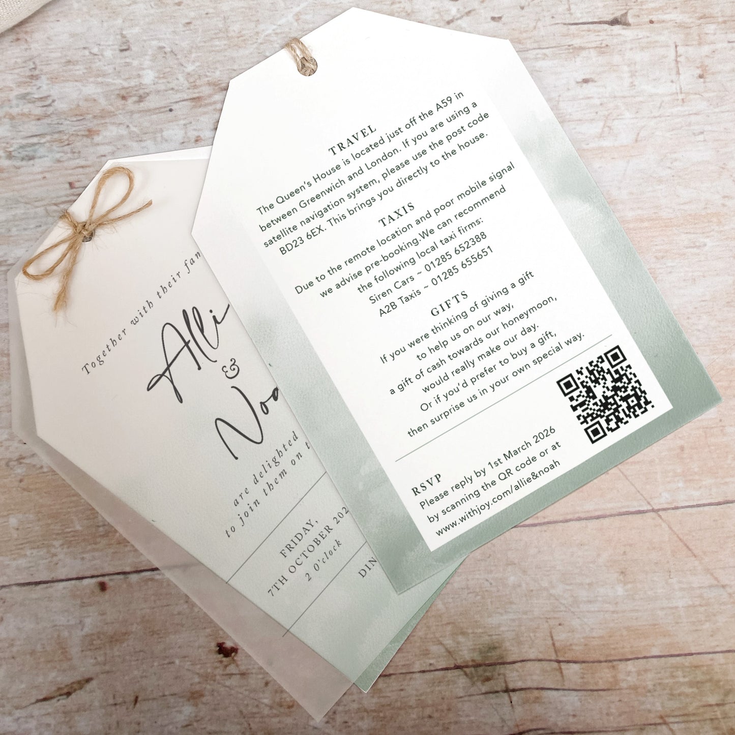 Sage Green Vellum Tag Wedding Invitation