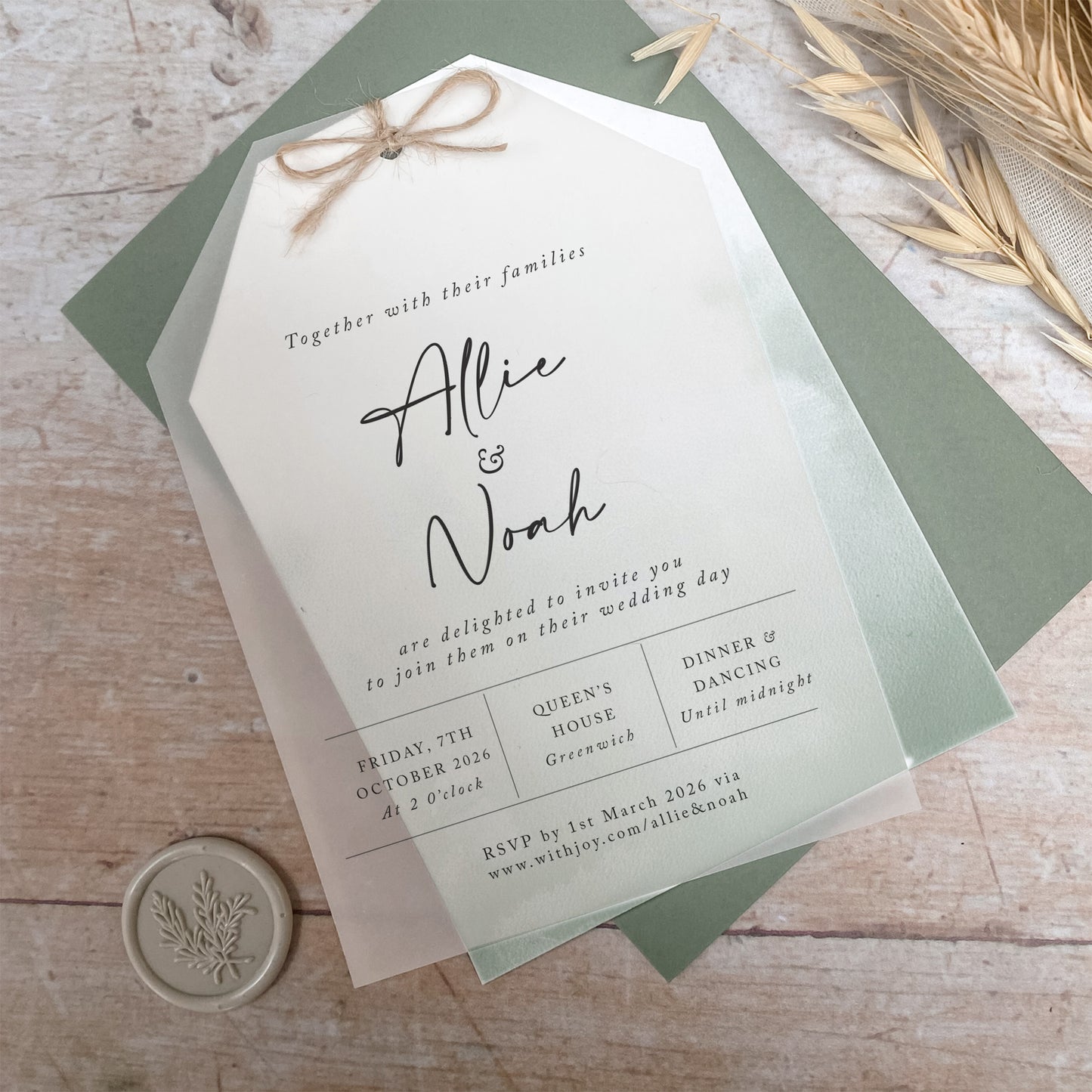 Sage Green Vellum Tag Wedding Invitation