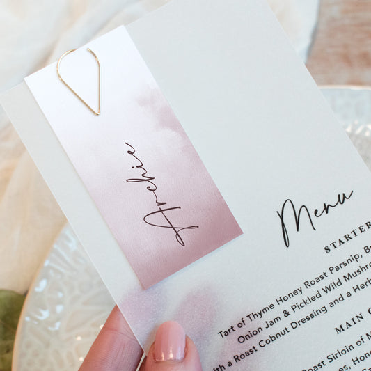 Dusky Pink Vellum Wedding Menu with Guest Name Tag