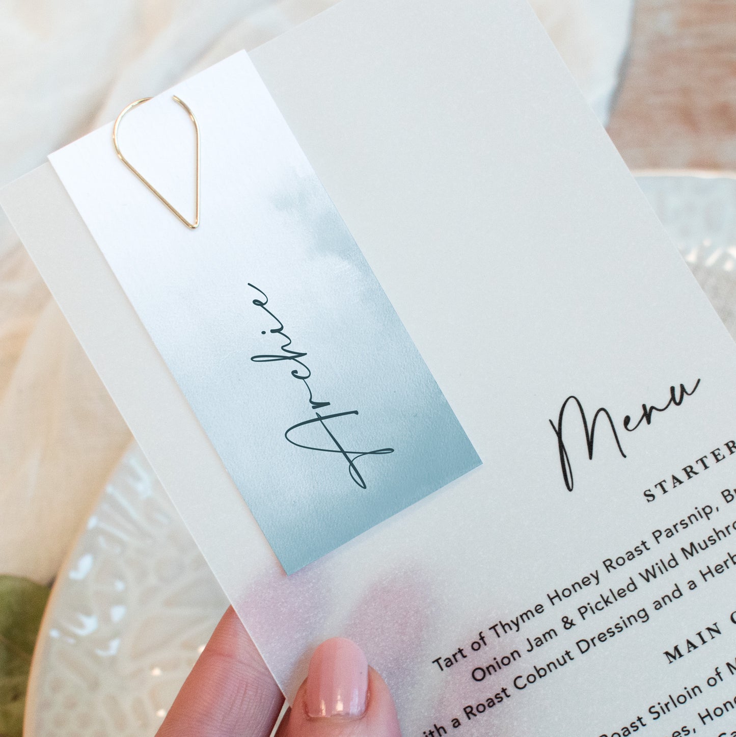 Ocean Blue Vellum Wedding Menu with Guest Name Tag
