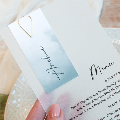 Ocean Blue Vellum Wedding Menu with Guest Name Tag