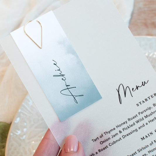Ocean Blue Vellum Wedding Menu with Guest Name Tag