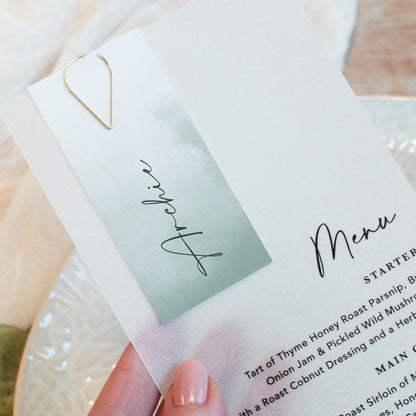 Sage Green Vellum Wedding Menu with Guest Name Tag