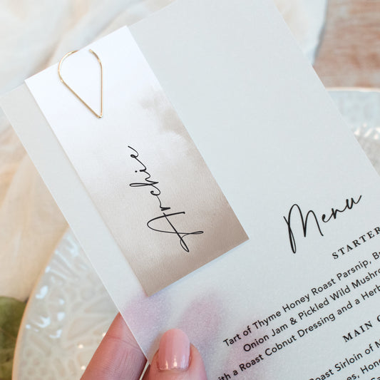 Mocha Vellum Wedding Menu with Guest Name Tag