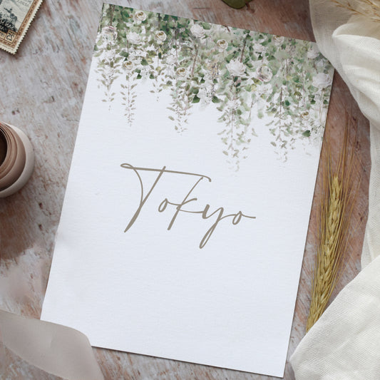 Personalised, printed table name cards for a sage green wedding