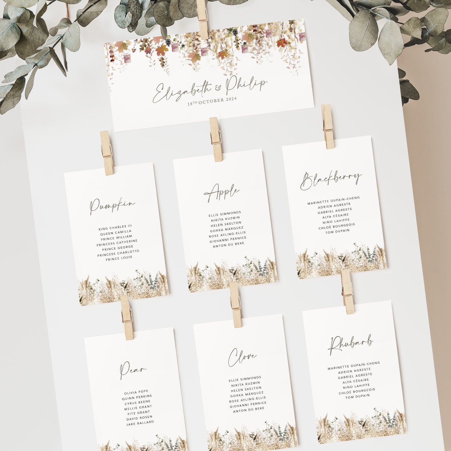 Whimsical Autumn Wedding Seating Plan Cards