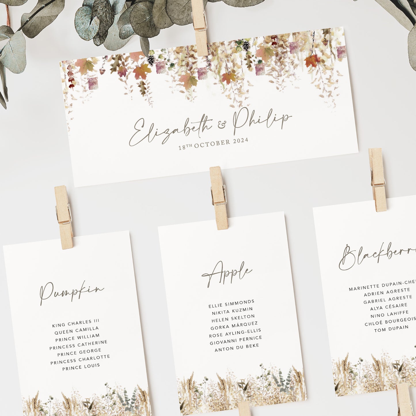 Whimsical Autumn Wedding Seating Plan Cards