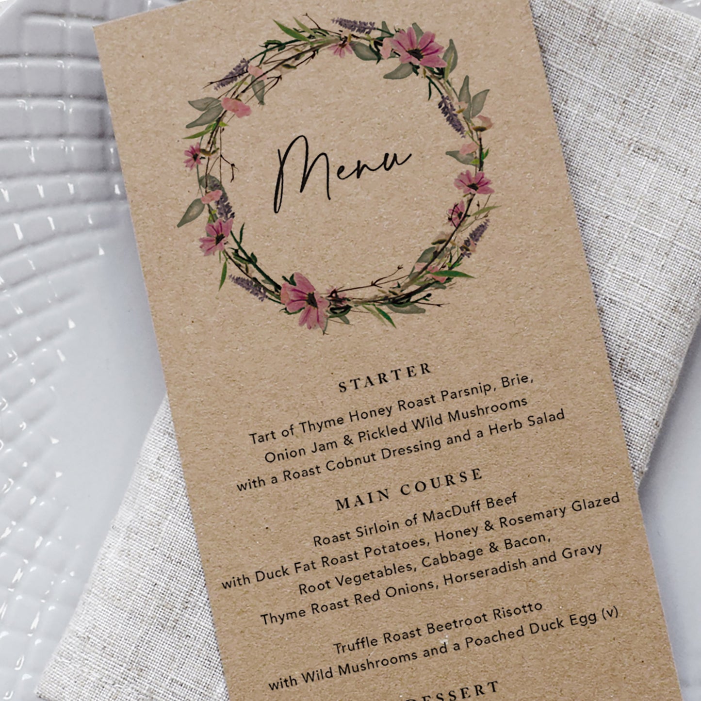 Whisper Wreath Kraft Wedding Menu Cards