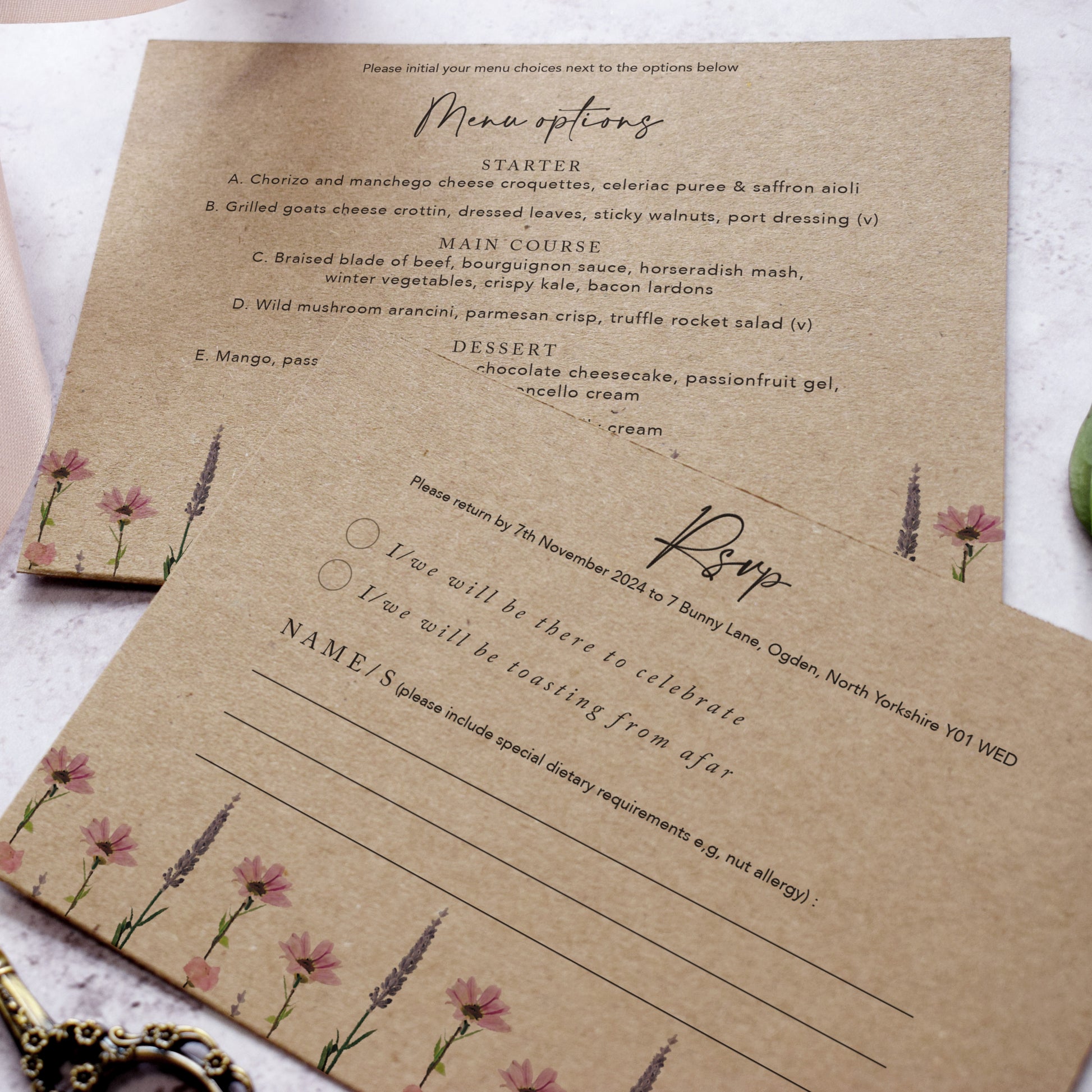 Wedding invitations printed onto Kraft card for a rustic wedding