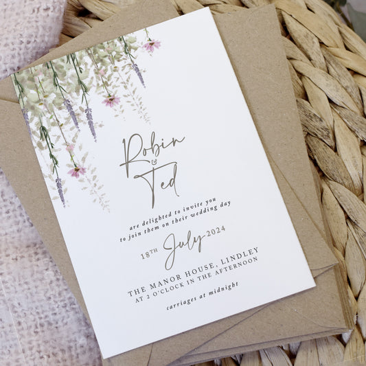 Rustic wedding invitations with lavendar