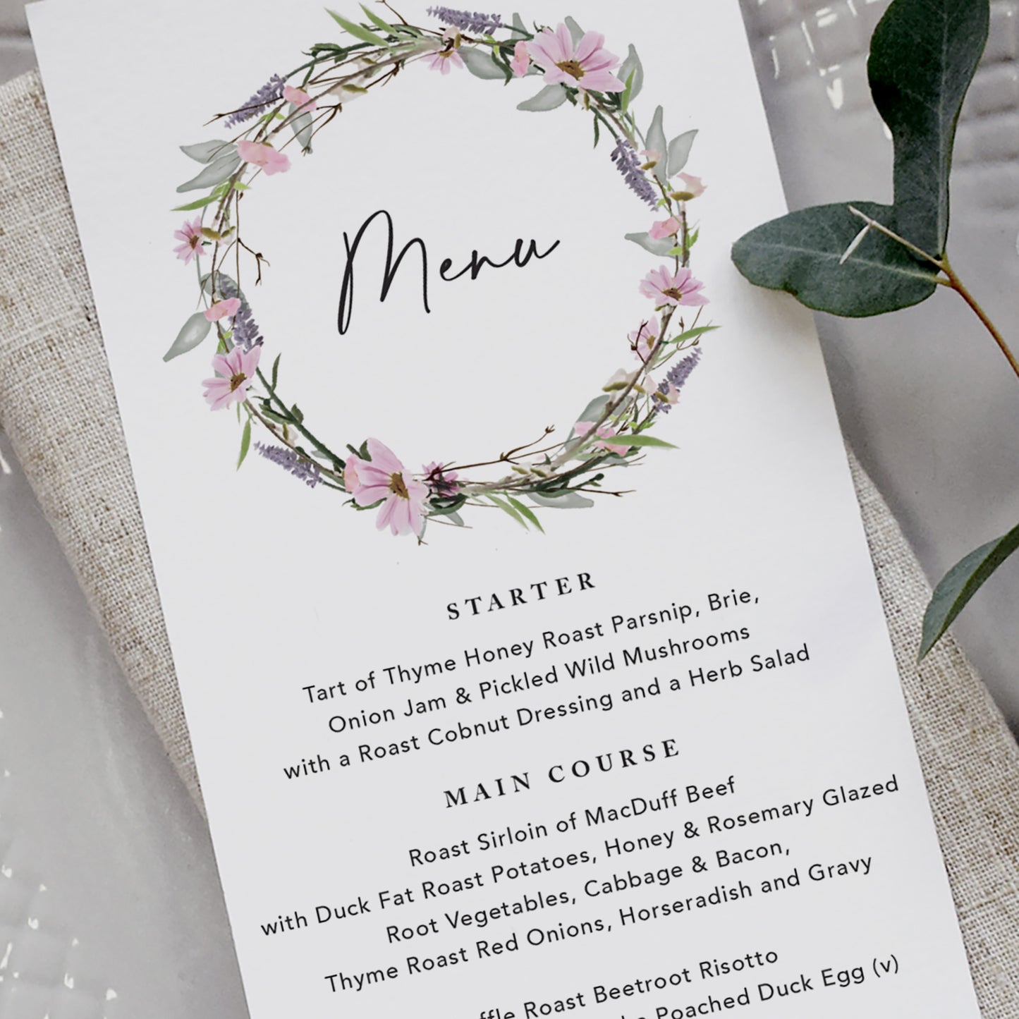 Whisper Wreath Wedding Menu Cards