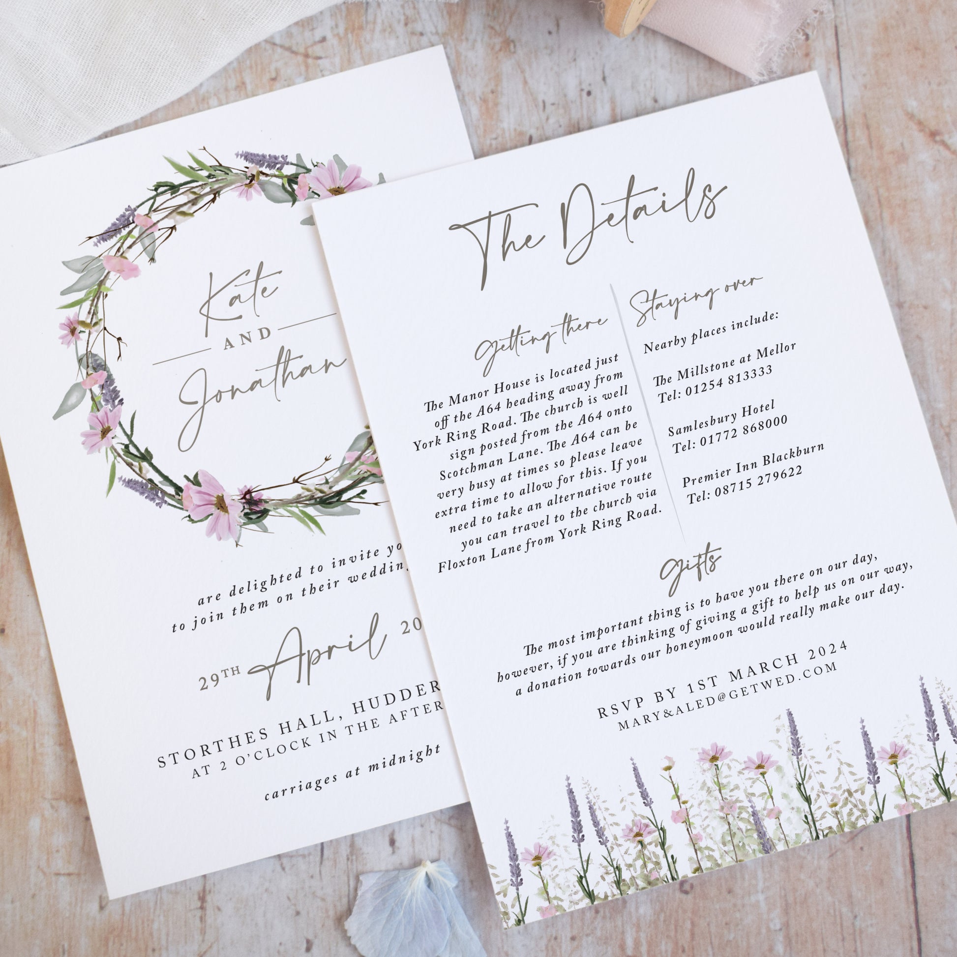 rustic wedding invitations featuring sage green foliage and dusky pink flowers