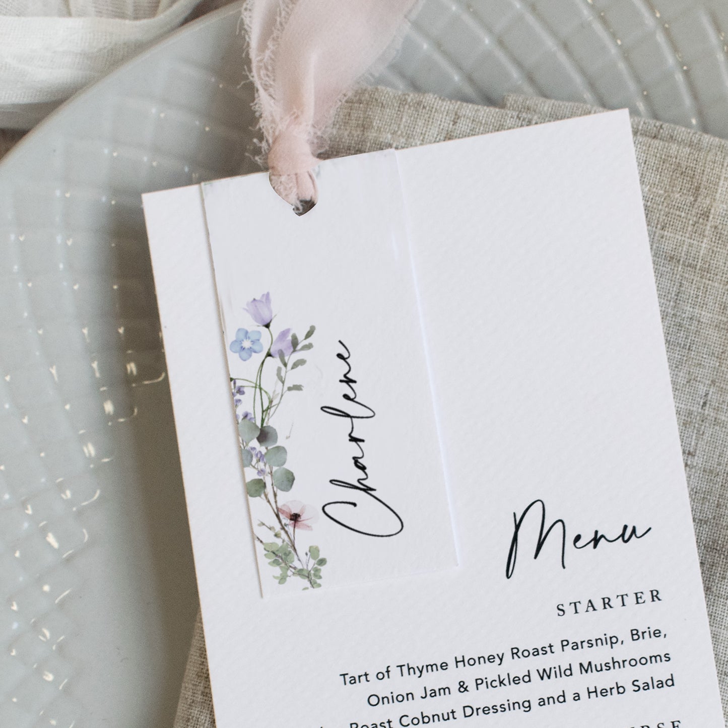 Periwinkle Wedding Menu Cards with Guest Name Tags & Ribbon