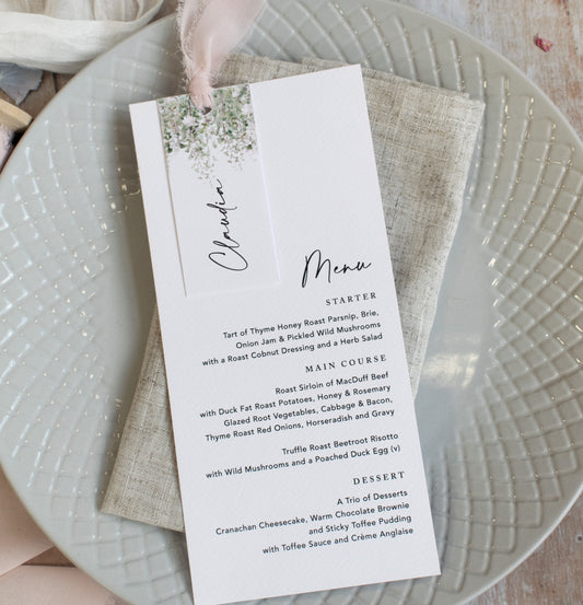Whimsical Windsor Wedding Menu Cards with Guest Name Tags & Ribbon