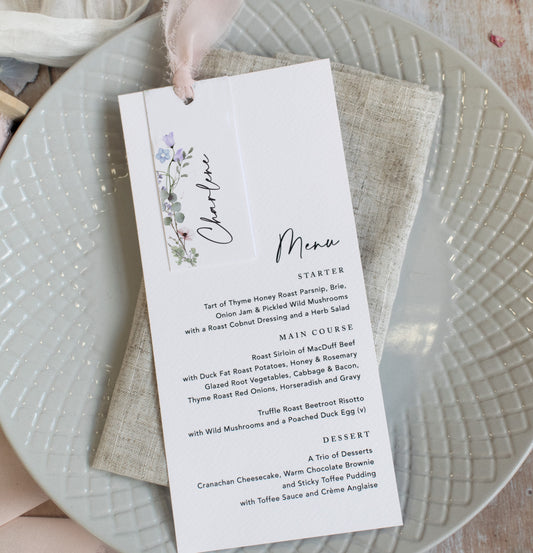 Periwinkle Wedding Menu Cards with Guest Name Tags & Ribbon