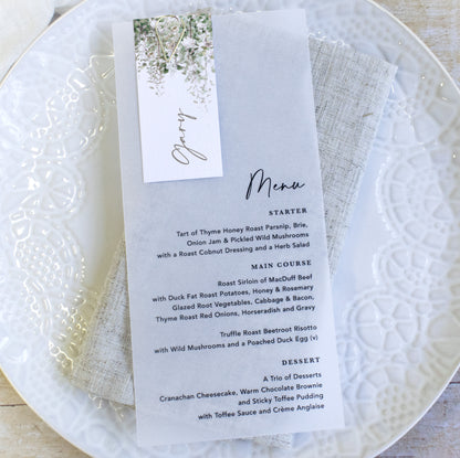 Windsor Vellum Wedding Menu with Guest Name Tag